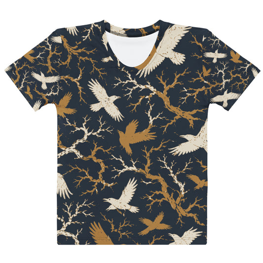 Women's all-over print t-shirt with cream and gold raven and bare branch print on navy background, crew neck, front view