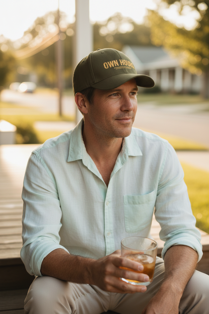 Own Hours Embroidered Dad Hat in olive, front view, alternate view