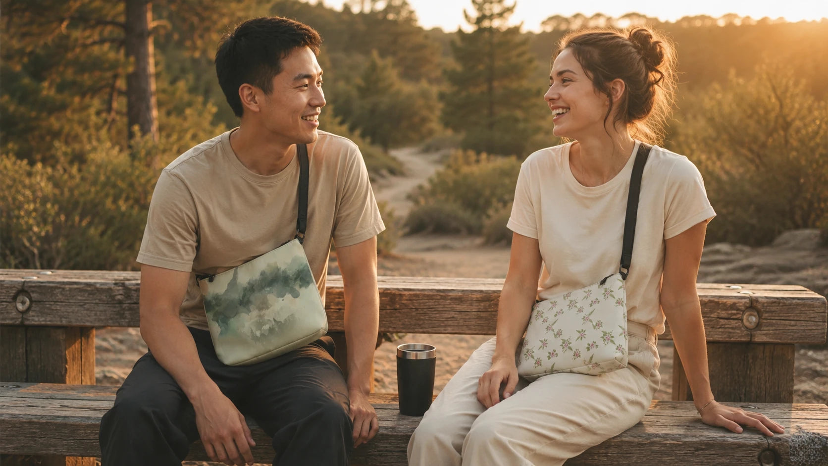 Two friends on a trailhead bench wearing NO.925 Shenandoah and Floral Sands crossbody bags