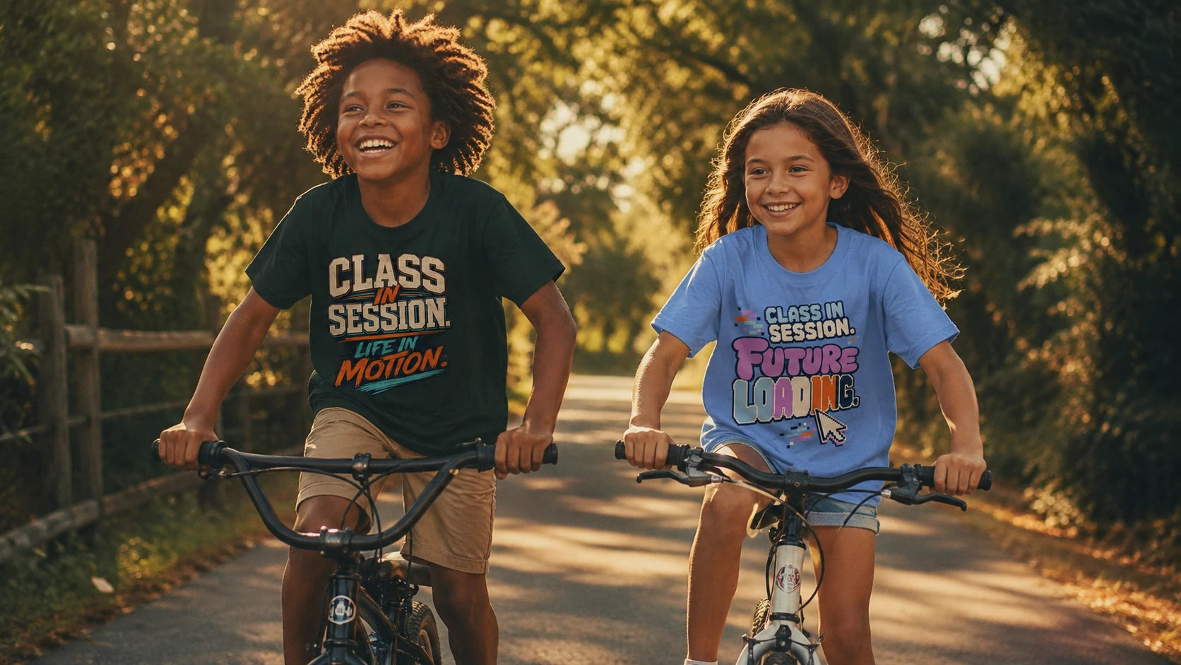 Two children riding bikes wearing NO.925 Class in Session and Future Loading kids tees