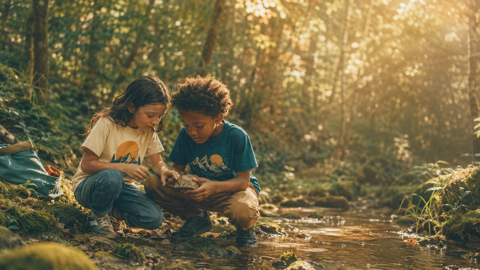 Two children examining a rock beside a creek in NO.925 graphic tees
