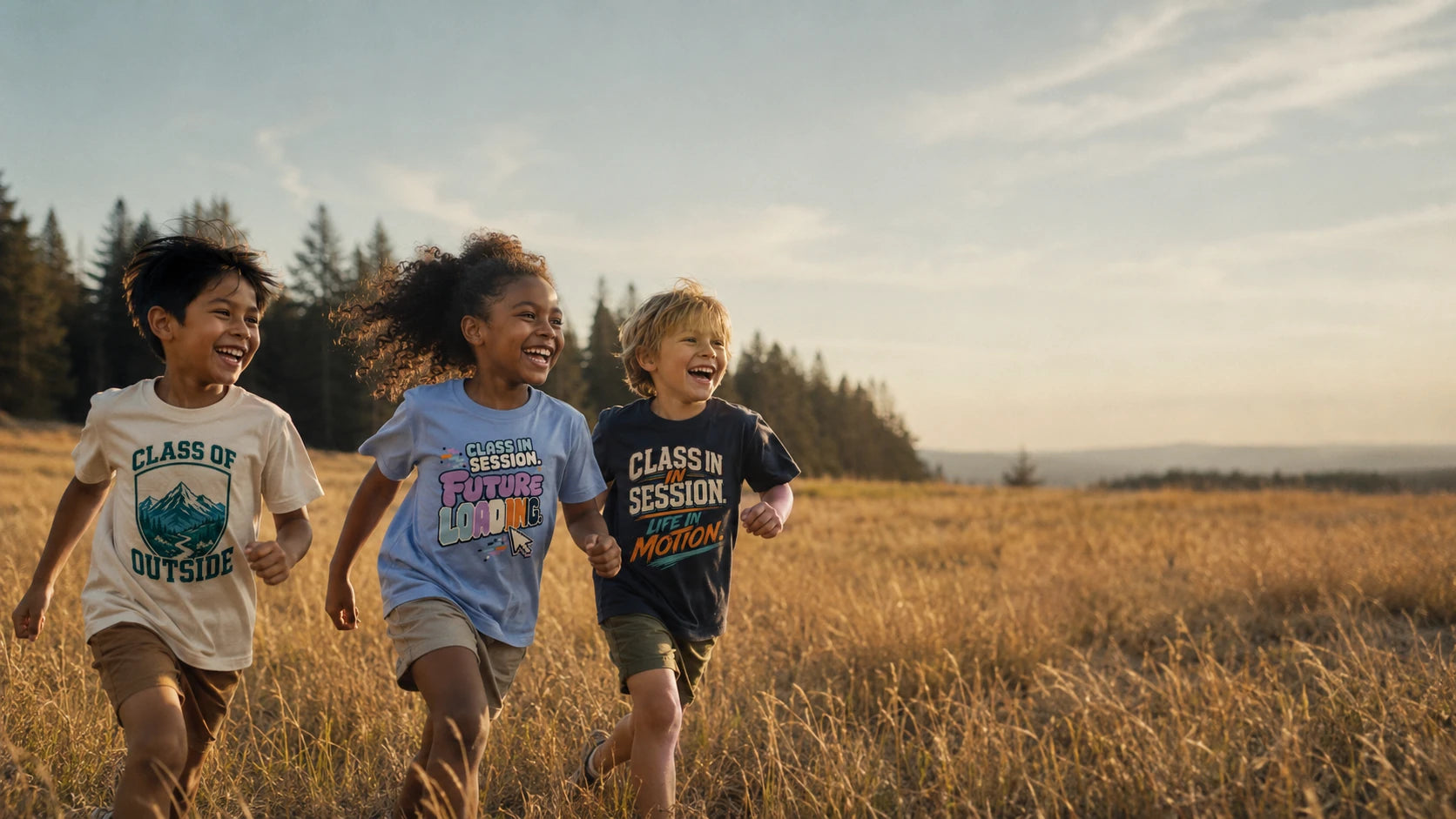 Three children running through a meadow wearing NO.925 Class of Outside, Future Loading and Class in Session kids tees