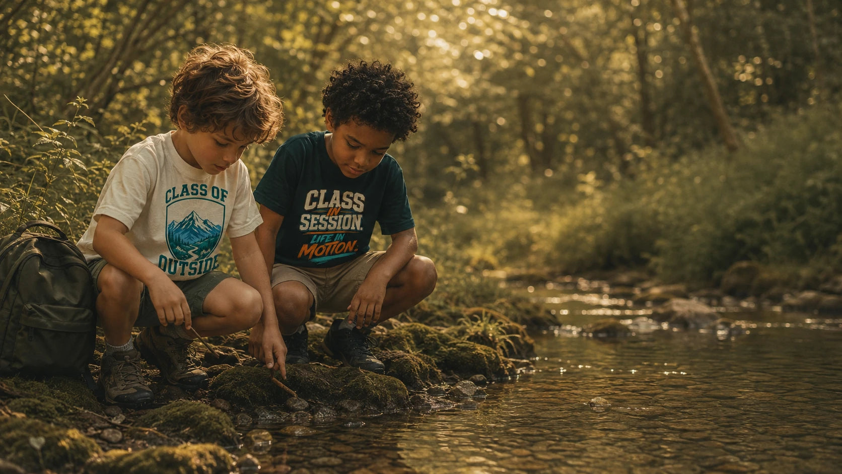 Two children at a forest creek wearing NO.925 Class of Outside and Class in Session kids tees
