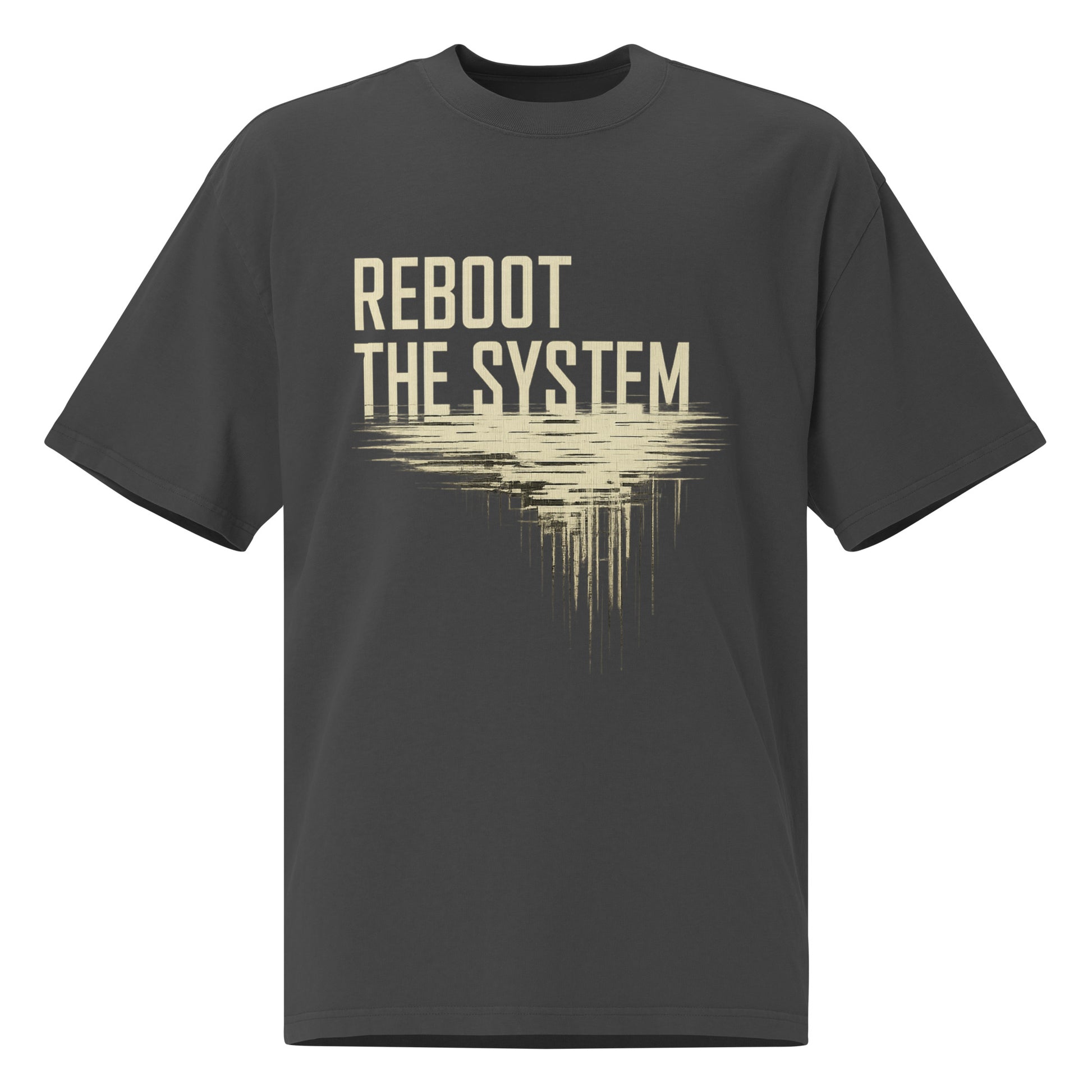 Reboot the System oversized faded graphic tee in faded black, REBOOT THE SYSTEM cream glitch print from No 925