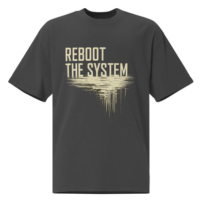 Reboot the System oversized faded graphic tee in faded black, REBOOT THE SYSTEM cream glitch print from No 925