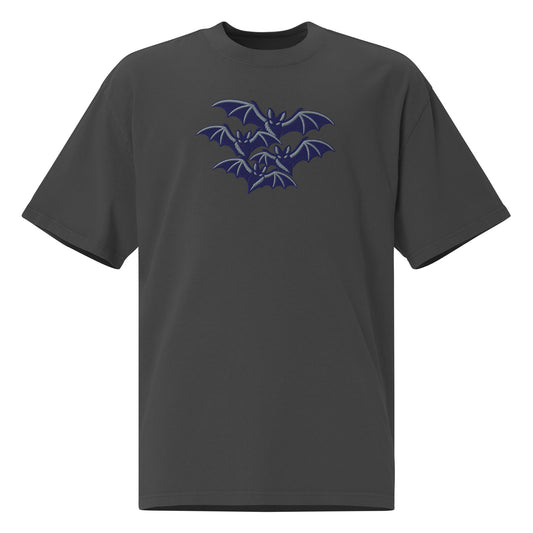 Cluster-O-Bats oversized faded t-shirt in faded black showing the navy and grey embroidered bat cluster up close