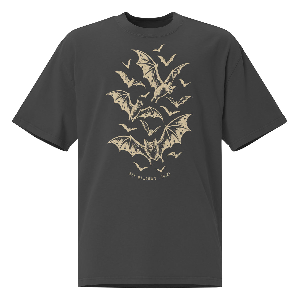 All Hallows 10.31 oversized faded t-shirt in faded black with a distressed flock of bats graphic across the chest
