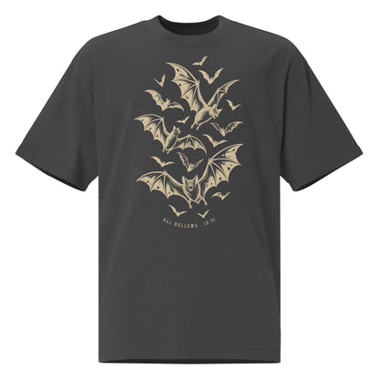 All Hallows 10.31 oversized faded t-shirt in faded black with a distressed flock of bats graphic across the chest