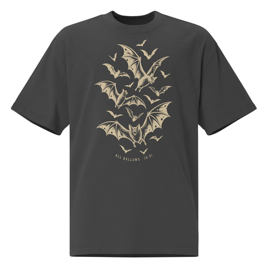 All Hallows 10.31 oversized faded t-shirt in faded black with a distressed flock of bats graphic across the chest