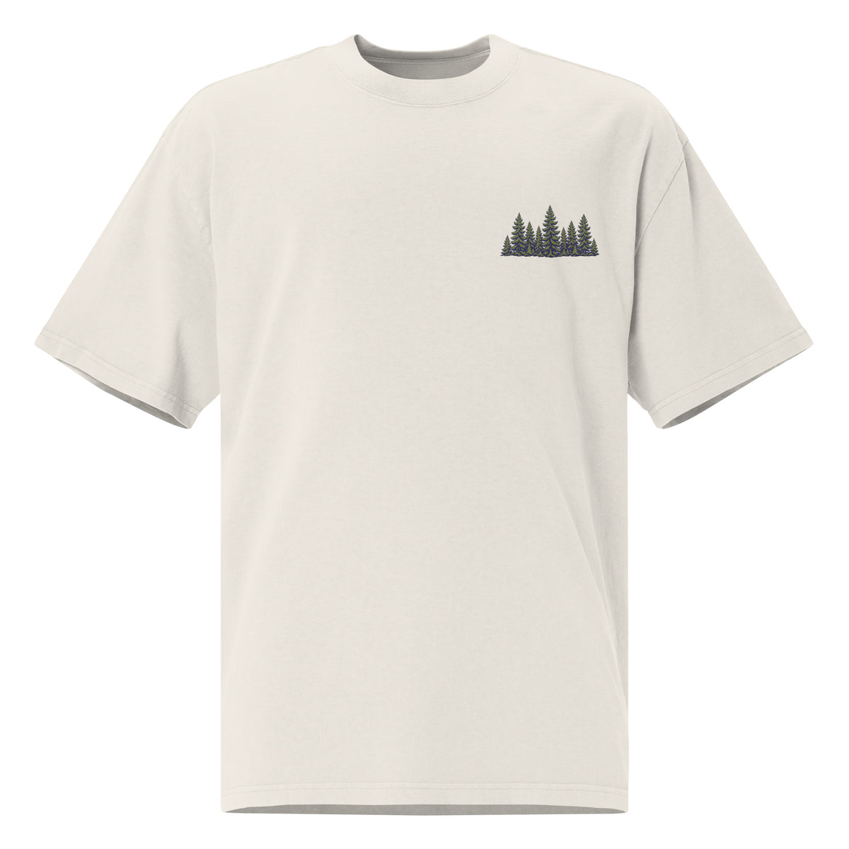 Faded bone oversized t-shirt with a small embroidered pine tree cluster design on the left chest