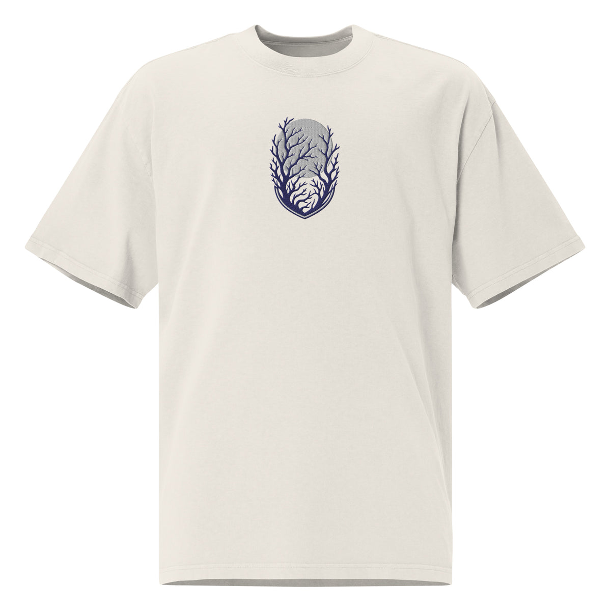 Own the Dark oversized faded t-shirt in faded bone with an embroidered moon and bare tree branches emblem on the left chest