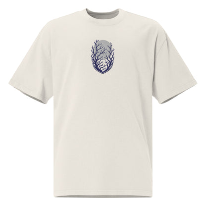 Own the Dark oversized faded t-shirt in faded bone with an embroidered moon and bare tree branches emblem on the left chest