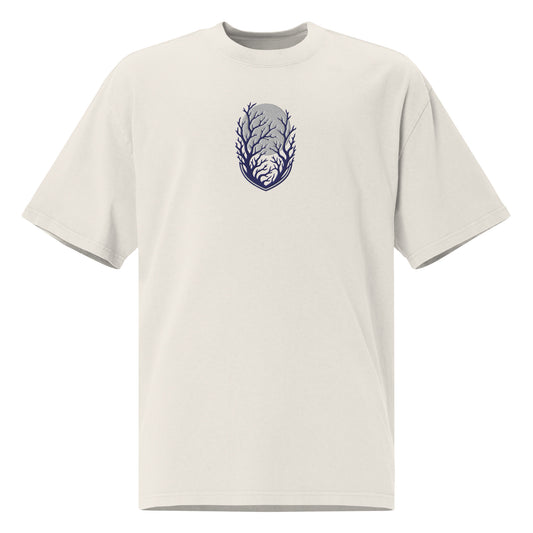 Own the Dark oversized faded t-shirt in faded bone with an embroidered moon and bare tree branches emblem on the left chest