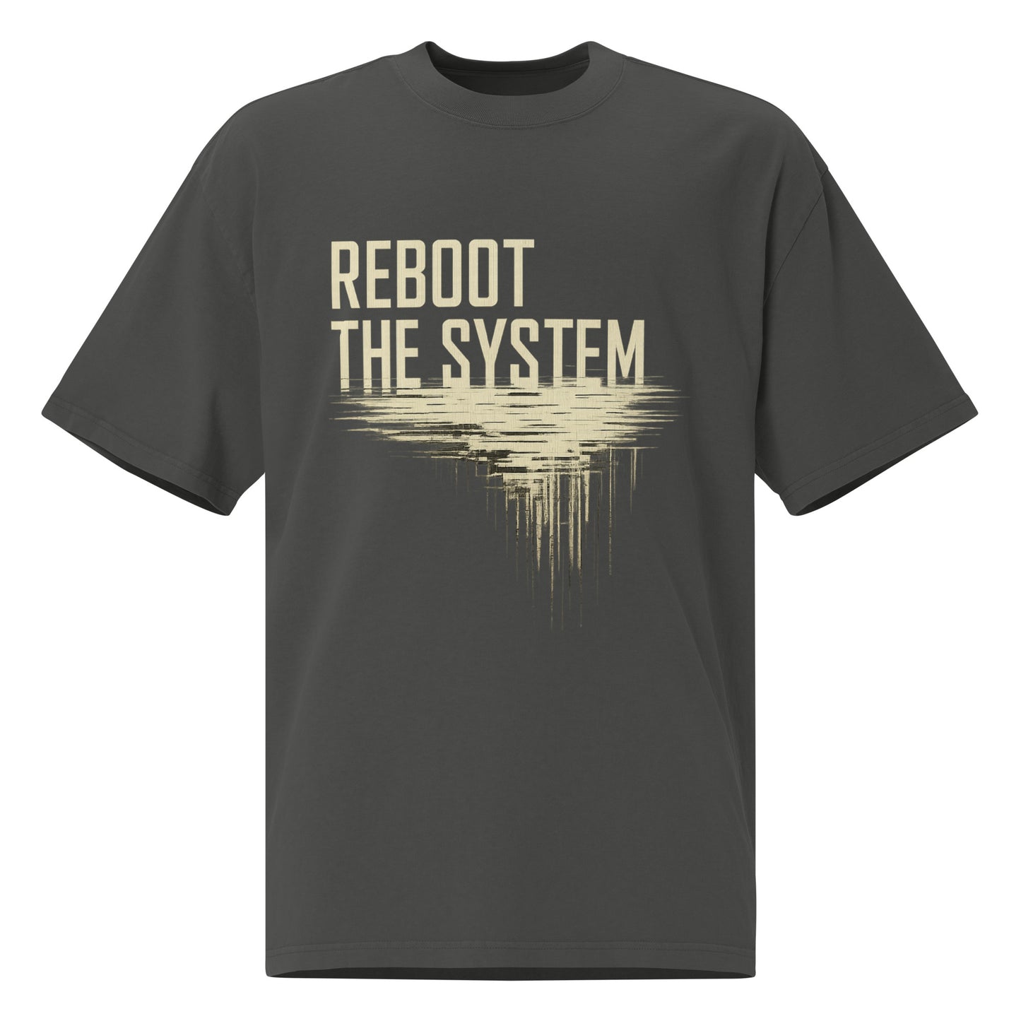 Reboot the System oversized faded graphic tee in faded coal, REBOOT THE SYSTEM cream glitch print from No 925