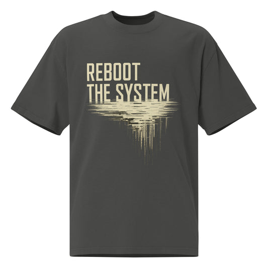 Reboot the System oversized faded graphic tee in faded coal, REBOOT THE SYSTEM cream glitch print from No 925