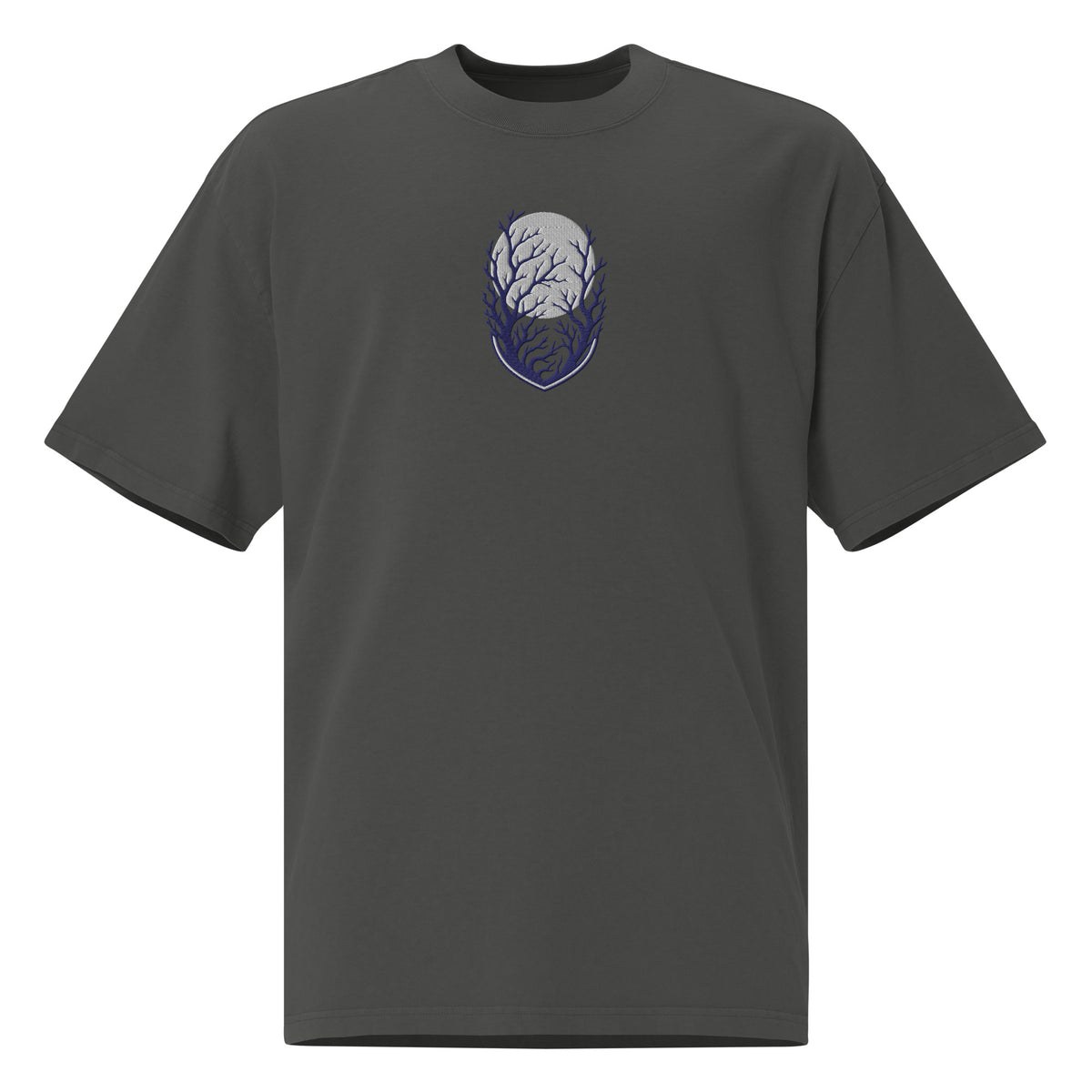 Own the Dark oversized faded t-shirt in faded coal showing the navy embroidered moon and branches shield emblem up close
