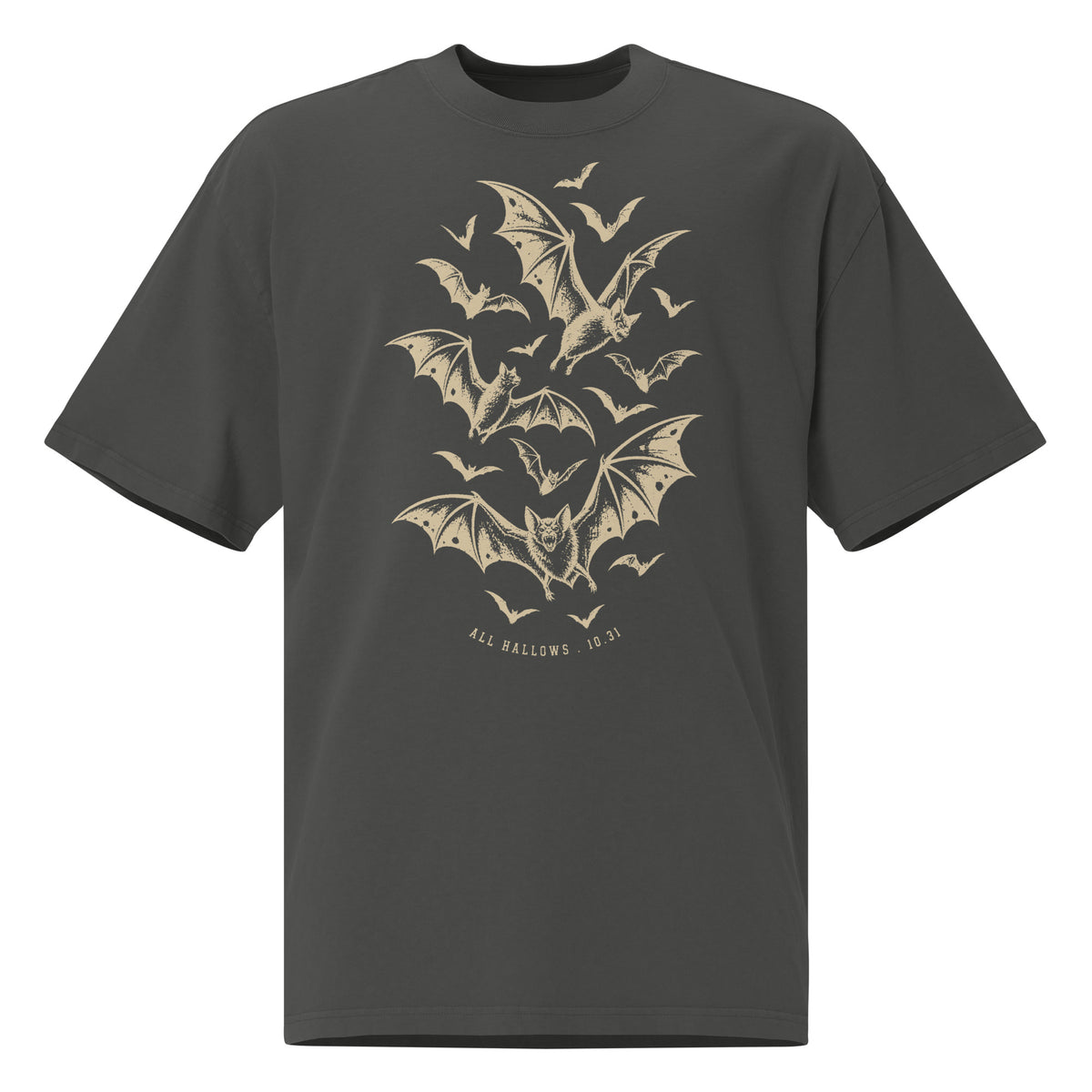 All Hallows 10.31 oversized faded t-shirt in faded coal showing the tan bat flock print and boxy dropped-shoulder fit