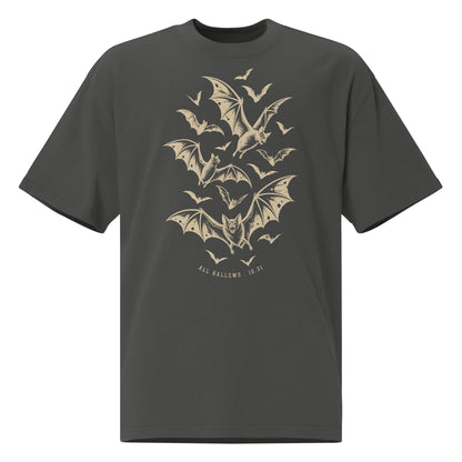 All Hallows 10.31 oversized faded t-shirt in faded coal showing the tan bat flock print and boxy dropped-shoulder fit