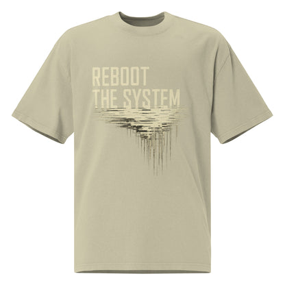 Reboot the System oversized faded graphic tee in faded eucalyptus, REBOOT THE SYSTEM cream glitch print from No 925