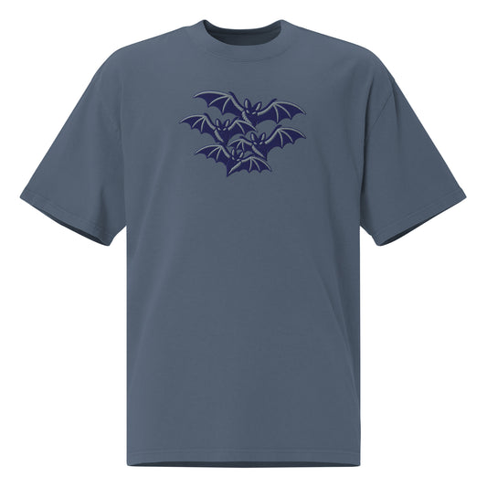 Cluster-O-Bats oversized faded t-shirt in faded indigo with an embroidered cluster of four bats on the left chest