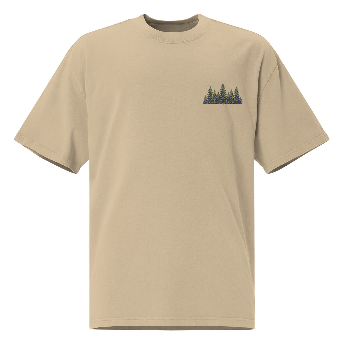 Faded khaki oversized t-shirt with a small embroidered pine tree cluster design on the left chest