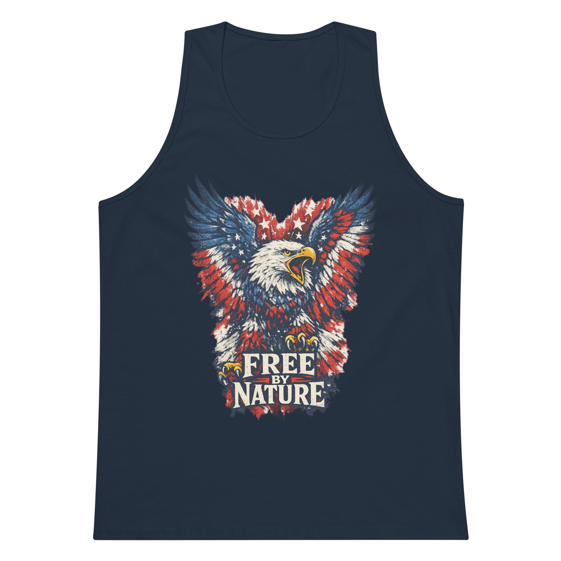 Free By Nature men's tank top, a red, white, and blue American bald eagle with wings spread and stars in the feathers over a distressed FREE BY NATURE banner, printed across the chest, No 925 made to order 4th of July tank