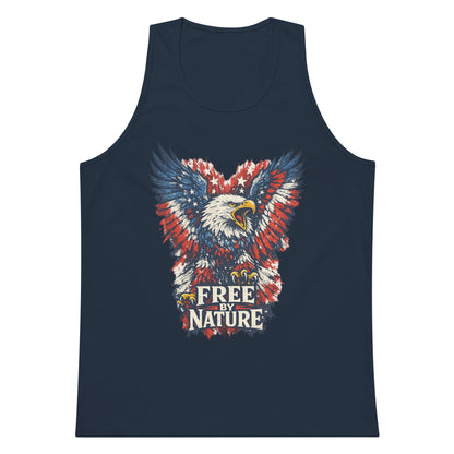 Free By Nature men's tank top, a red, white, and blue American bald eagle with wings spread and stars in the feathers over a distressed FREE BY NATURE banner, printed across the chest, No 925 made to order 4th of July tank