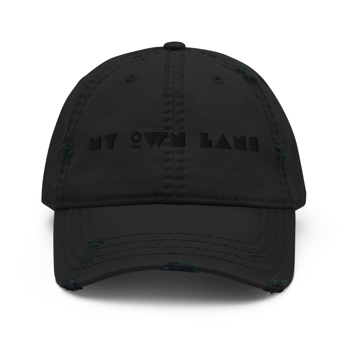 My Own Lane distressed dad hat in black, front view showing black on black geometric MY OWN LANE embroidery across front panel, distressed brim and crown, low profile unstructured fit.
