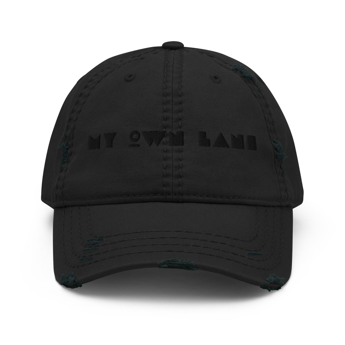 My Own Lane distressed dad hat in black, front view showing black on black geometric MY OWN LANE embroidery across front panel, distressed brim and crown, low profile unstructured fit.
