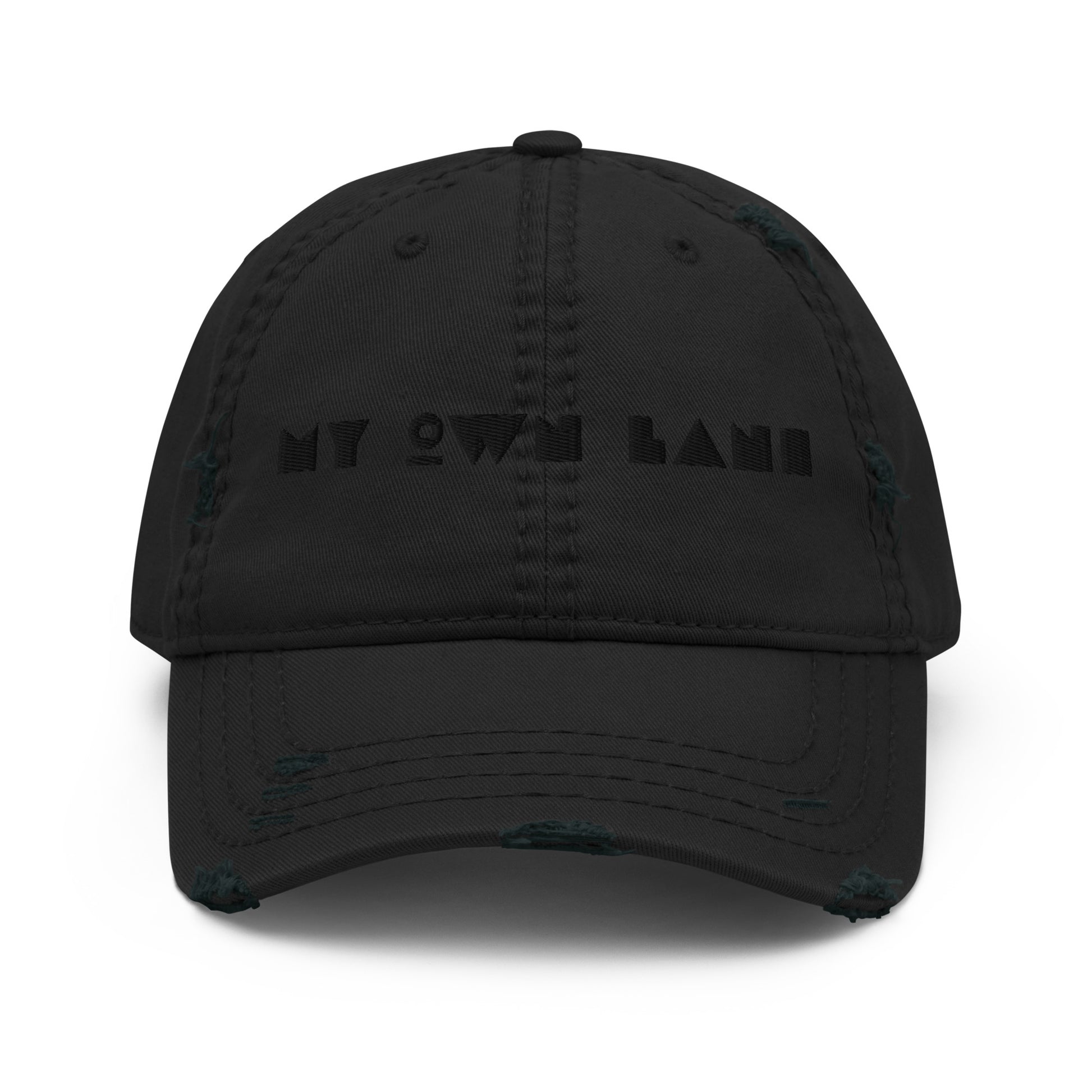 My Own Lane distressed dad hat in black, front view showing black on black geometric MY OWN LANE embroidery across front panel, distressed brim and crown, low profile unstructured fit.
