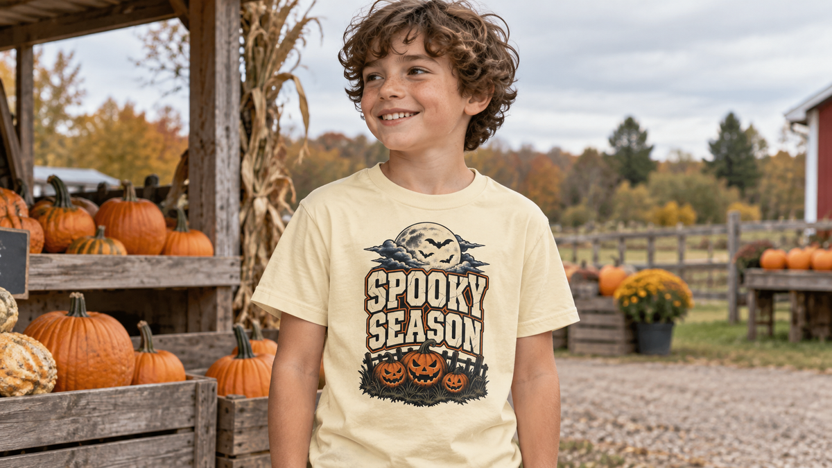 Spooky Season Pumpkin Patch Youth T-Shirt in a No 925 lifestyle photograph