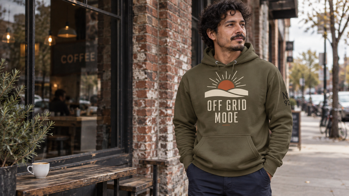 Off Grid Mode Graphic Hoodie in a No 925 lifestyle photograph