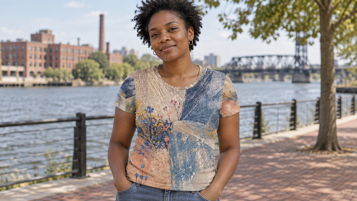 Mineral Bloom All-Over Print Women's T-shirt in a No 925 lifestyle photograph