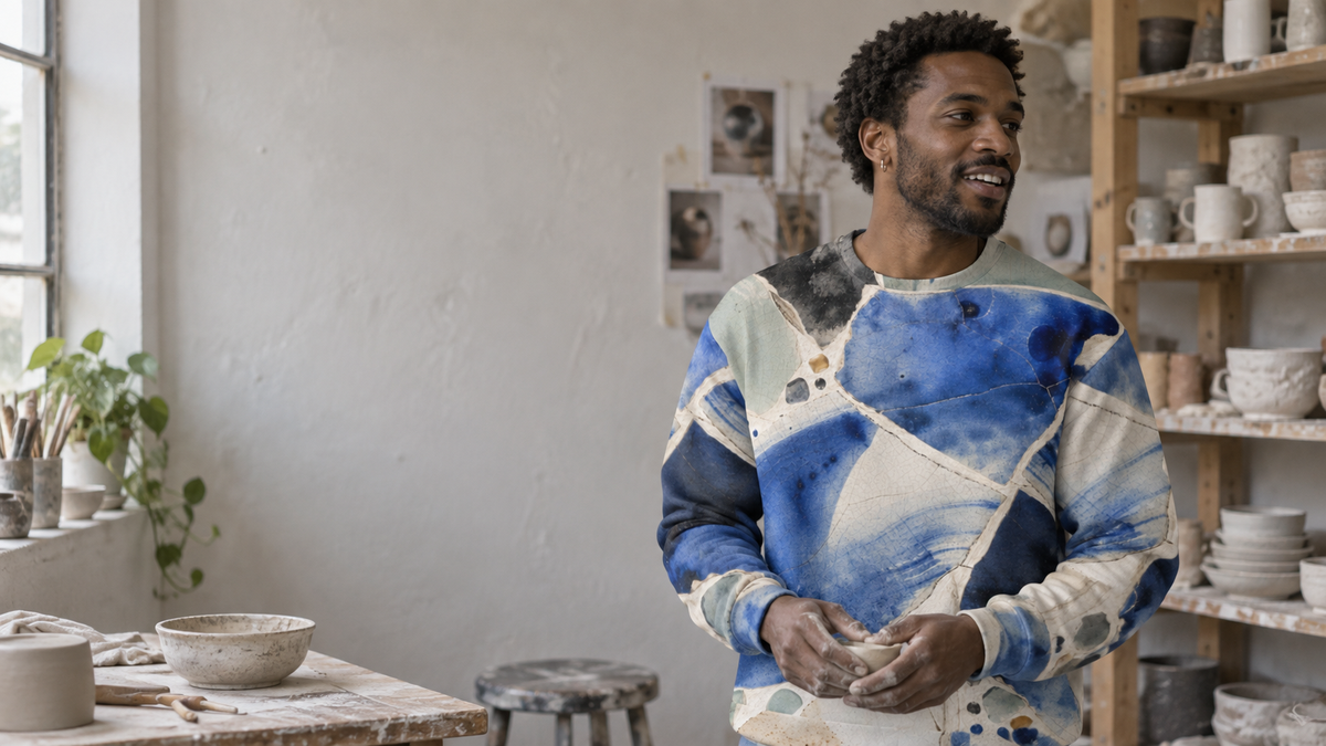 Cobalt Mosaic All-Over Print Unisex Sweatshirt in a No 925 lifestyle photograph