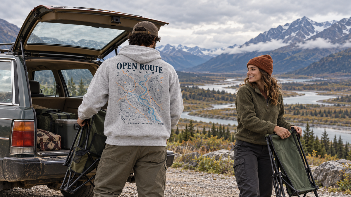 Open Route Atlas map hoodie on a mountain road trip