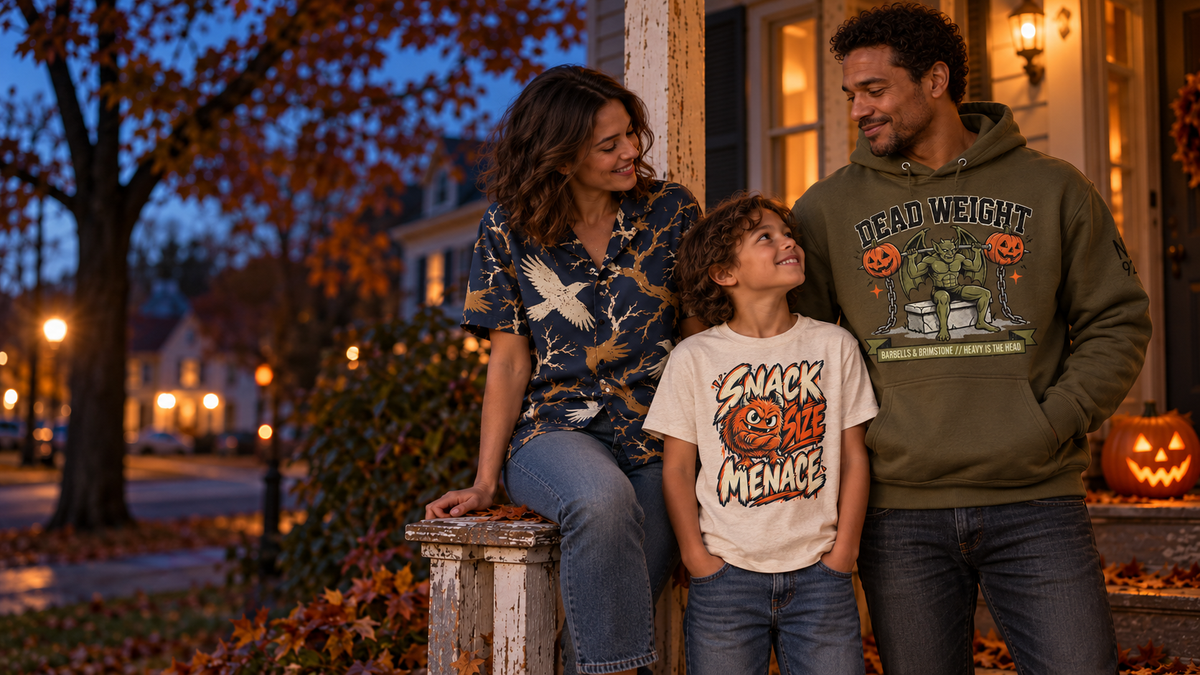 Family on an autumn porch wearing the Deadweight hoodie, Ravens button shirt and Snack Size Menace youth tee.