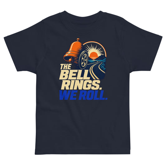 Bell Rings, We Roll Toddler jersey t-shirt in navy, front view