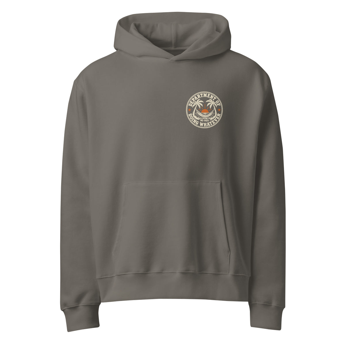 Department of Doing Whatever Oversized Hoodie in asphalt, front view showing the small chest seal