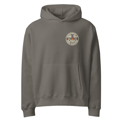 Department of Doing Whatever Oversized Hoodie in asphalt, front view showing the small chest seal