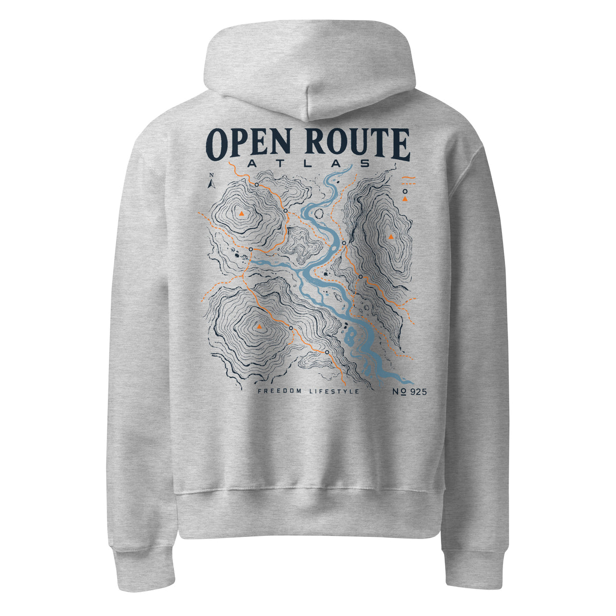 Open Route Atlas Oversized Graphic Hoodie in athletic heather, back view showing the topographic map print