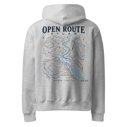 Open Route Atlas Oversized Graphic Hoodie in athletic heather, back view showing the topographic map print