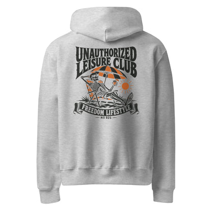 Unauthorized Leisure Club Oversized Graphic Hoodie in athletic heather, back view showing the skeleton leisure club graphic