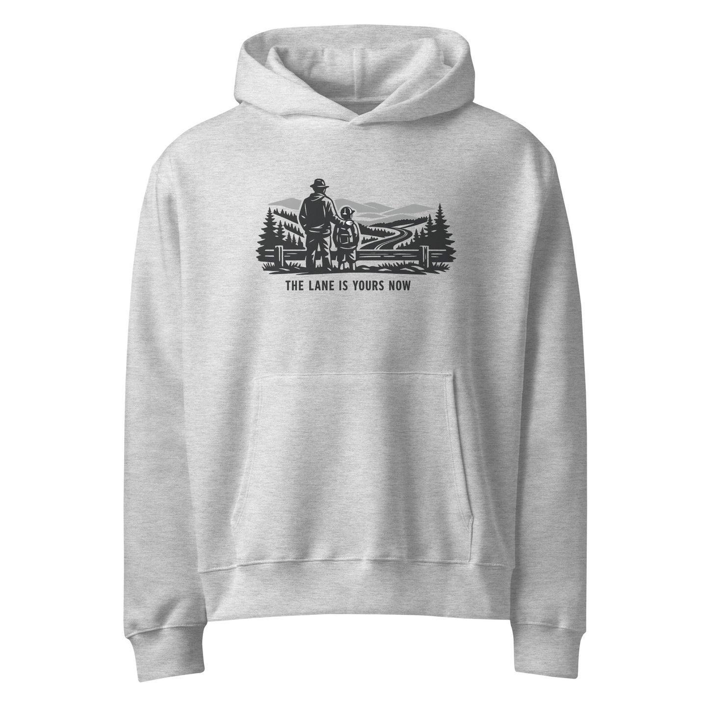 Parent and child at a fence looking over a mountain road, The Lane Is Yours Now oversized graphic hoodie