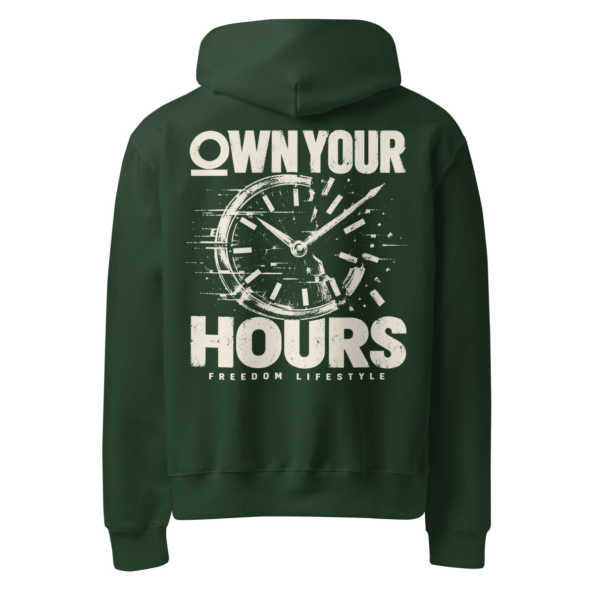Own Your Hours Oversized Graphic Hoodie in forest, back view showing the broken clock graphic
