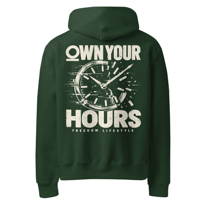 Own Your Hours Oversized Graphic Hoodie in forest, back view showing the broken clock graphic