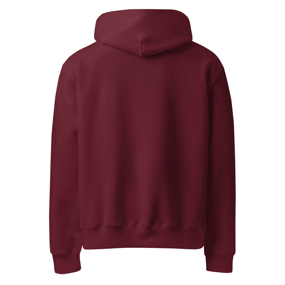 Powered by Corporate Tears Heavyweight Graphic Hoodie in maroon, back view with no print