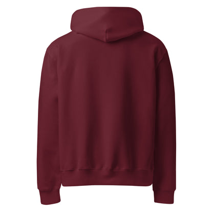 Powered by Corporate Tears Heavyweight Graphic Hoodie in maroon, back view with no print