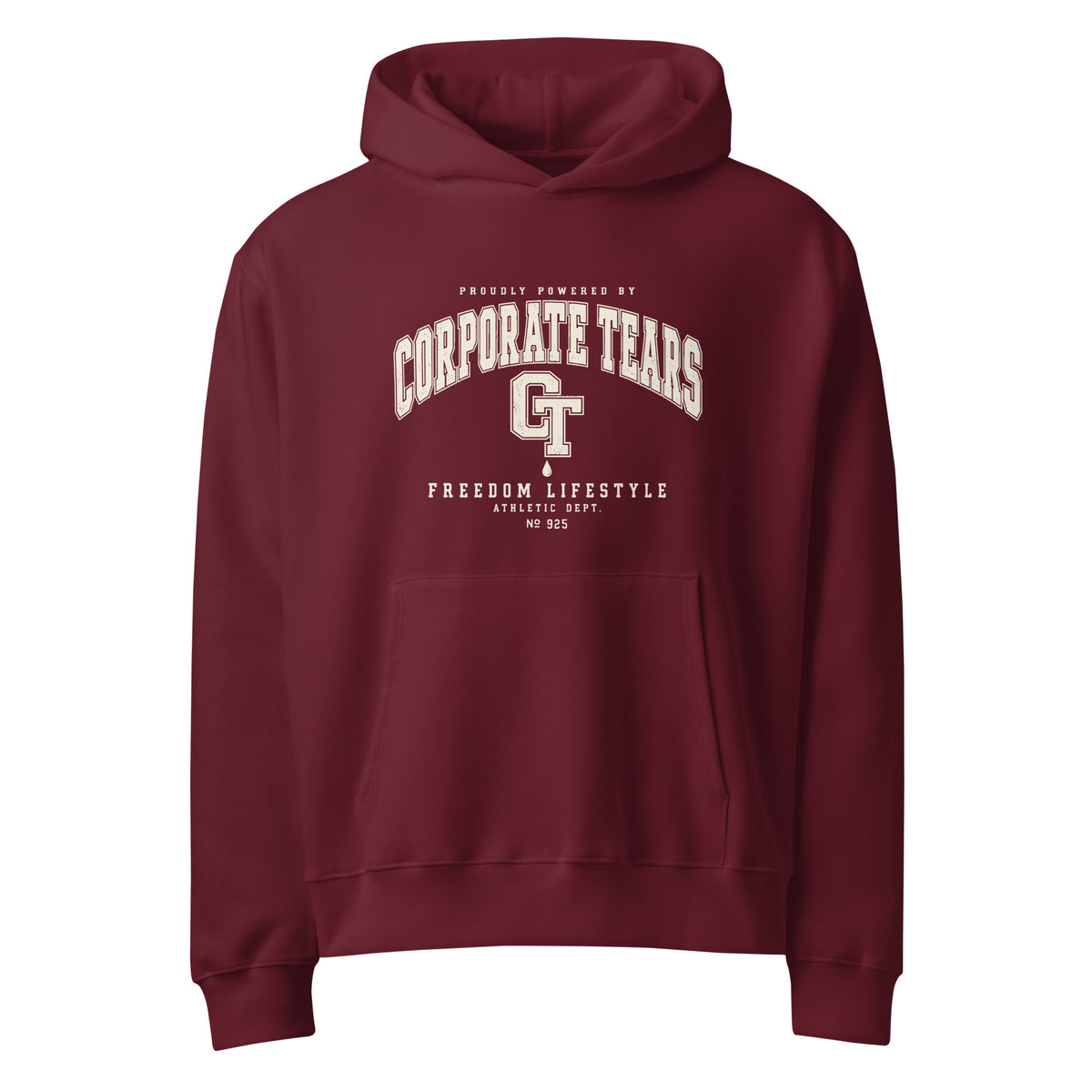 Powered by Corporate Tears Heavyweight Graphic Hoodie in maroon, front view showing the collegiate CT artwork