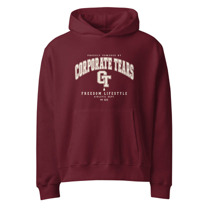 Powered by Corporate Tears Heavyweight Graphic Hoodie in maroon, front view showing the collegiate CT artwork