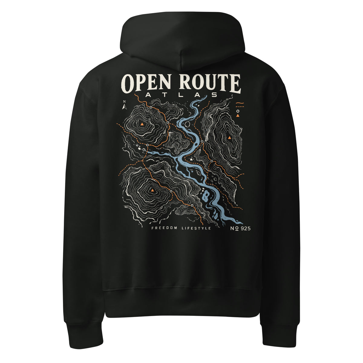 Open Route Atlas Oversized Graphic Hoodie in vintage black, back view showing the topographic map print